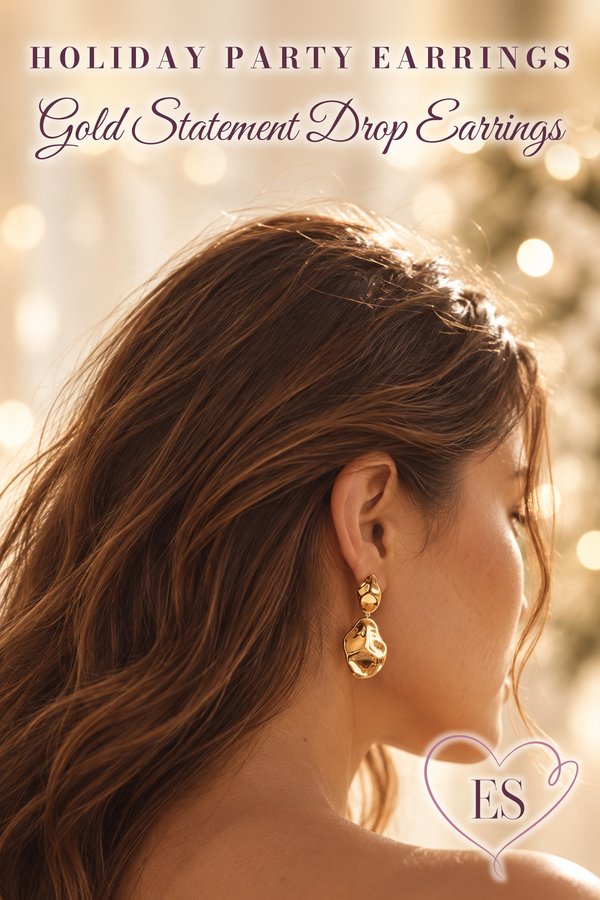 Side profile of Ellie wearing PAVOI 14K gold statement drop earrings with warm Christmas lights behind her, holiday party jewelry